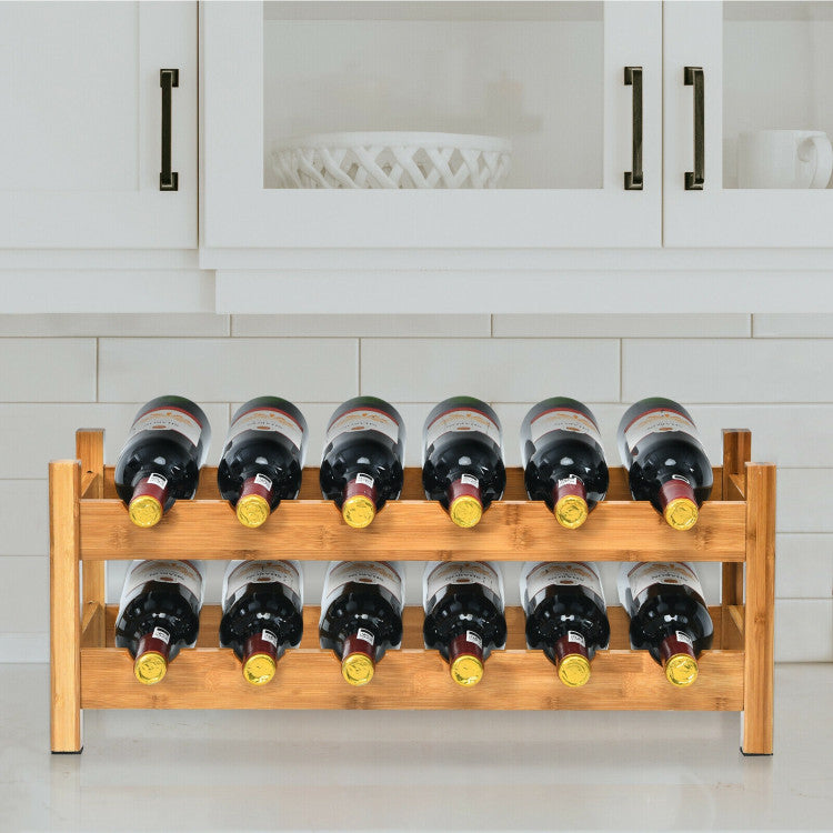 2-Tier Natural 12 Bottles Bamboo Storage Shelf  Wine Rack