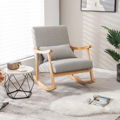 Upholstered Rocking Chair with Pillow and Rubber Wood Frame