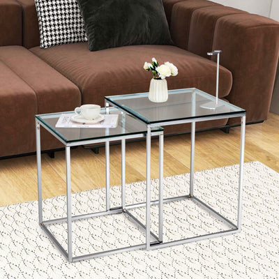 2 Pieces Modern Nesting Coffee Table with Tempered Glass Top and Steel Frame