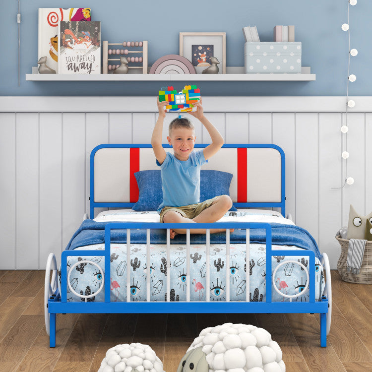 Twin Size Kids Bed Frame Car Shaped Metal Platform Bed with Upholstered Headboard