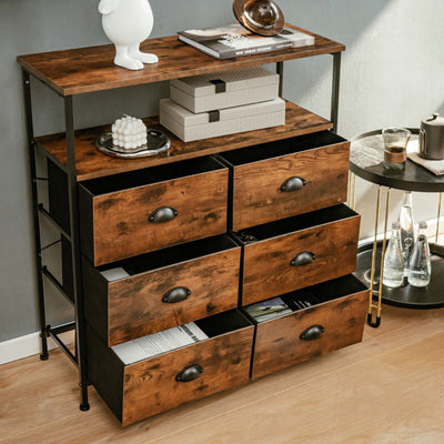 2-Tier Storage Chest with Wooden Top and 6 Fabric Drawers