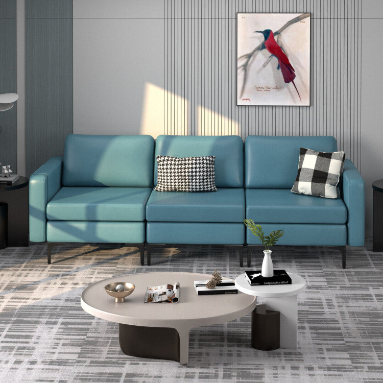 3-Seat Sectional Sofa Couch with Armrest Magazine Pocket and Metal Leg--Blue