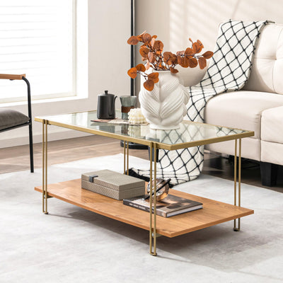 2 Tiers Rectangle Glass Coffee Table with White and Gold Steel Frame