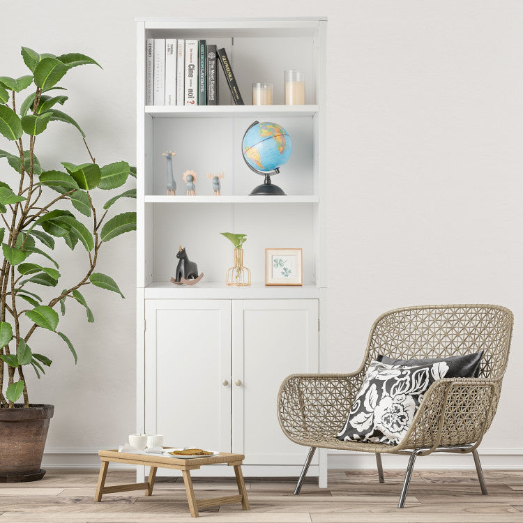 Standing Wooden Bookcase with  3 Tier Open Book Shelving and Double Doors