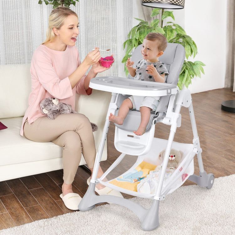 Baby Folding Chair with Wheel Tray Storage Basket