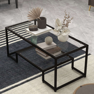 Modern 2-Tier Rectangular Coffee Table with Glass Table Top