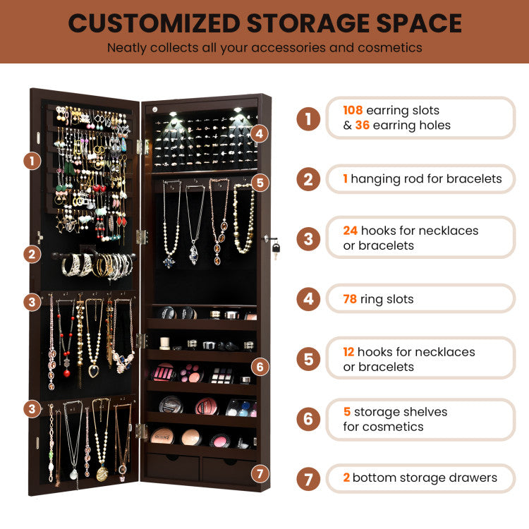 Lockable Wall Mount Mirrored Jewelry Cabinet with LED Lights