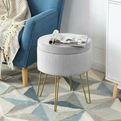 Copy of Round Velvet Storage Ottoman Footrest Stool Vanity Chair with Metal Legs--Gray