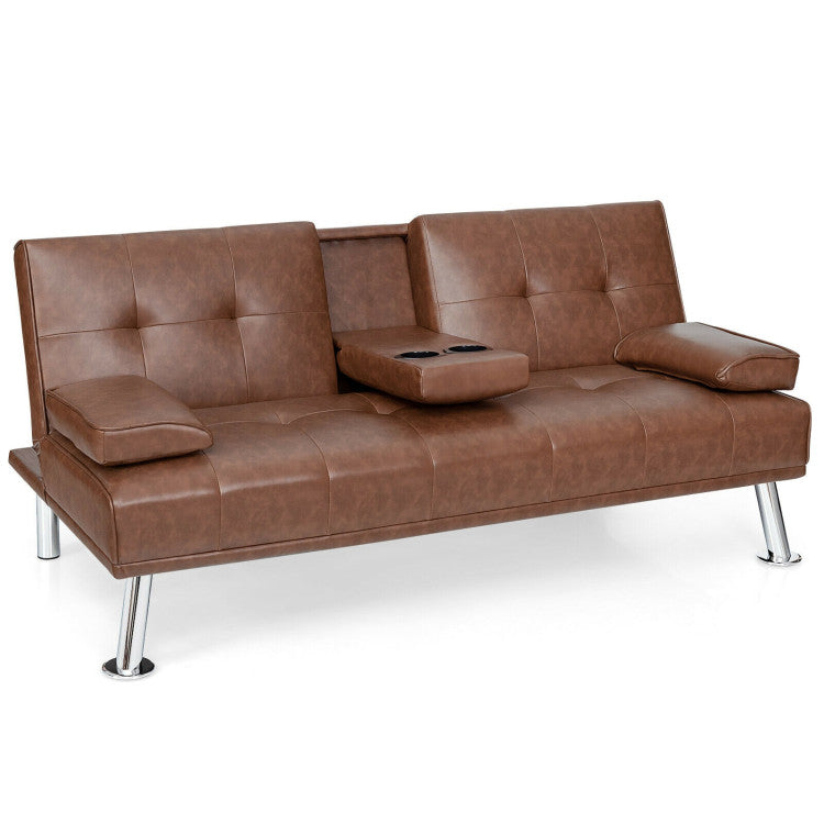 Convertible Folding Leather Futon Sofa with Cup Holders and Armrests--Brown