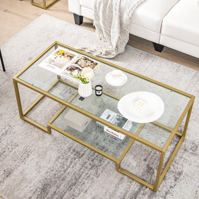 Modern 2-Tier Rectangular Coffee Table with Glass Table Top