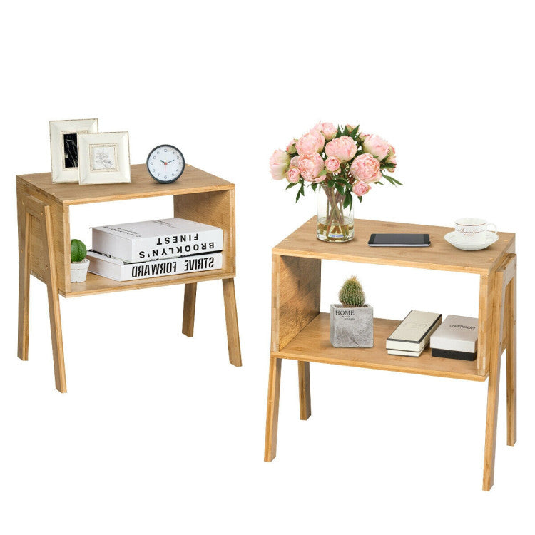 2 Pieces Bamboo Nightstand Sofa Table with Storage Shelf