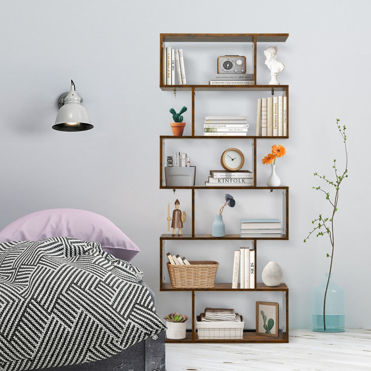 6 Tier S-Shaped Bookshelf Storage Display Bookcase Decor Z-Shelf