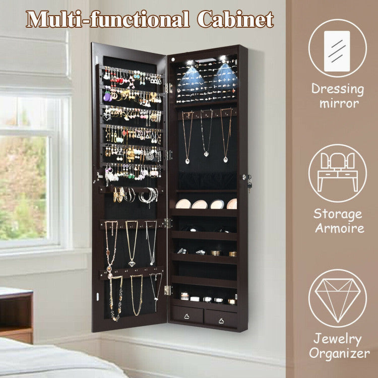 Wall and Door Mounted Mirrored Jewelry Cabinet with Lights