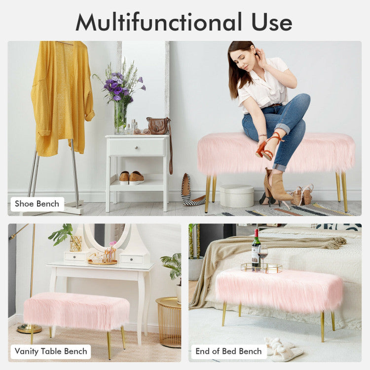 Upholstered Faux Fur Vanity Stool with Golden Legs for Makeup Room