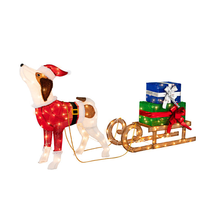 Outdoor Pre-lit Xmas Dog and Sleigh with 170 Warm Bright Lights for Porch