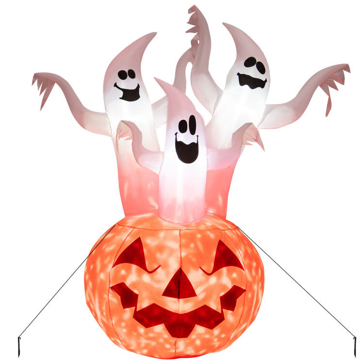 6 Feet Inflatable Halloween Three White Ghosts with Pumpkin Decor and Rotating Lamp