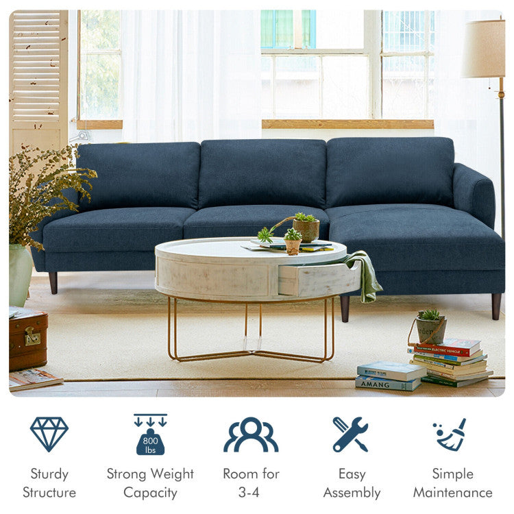 L-Shaped Fabric Sectional Sofa with Chaise Lounge and Solid Wood Legs--Navy Blue