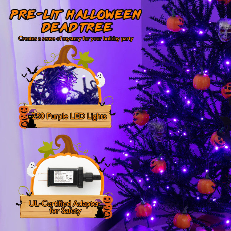 6 Feet Pre-Lit Hinged Halloween Tree with 250 Purple LED Lights and 25 Ornaments