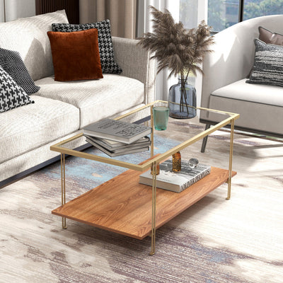 2 Tiers Rectangle Glass Coffee Table with White and Gold Steel Frame