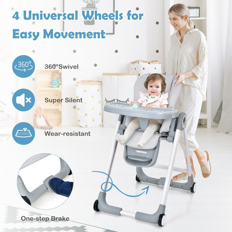 Baby Folding Convertible High Chair with Wheels and Adjustable Height