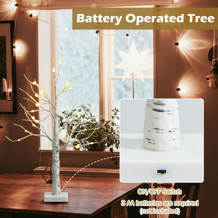 2 Feet Pre-lit White Twig Birch Tree Battery Powered for Christmas Holiday