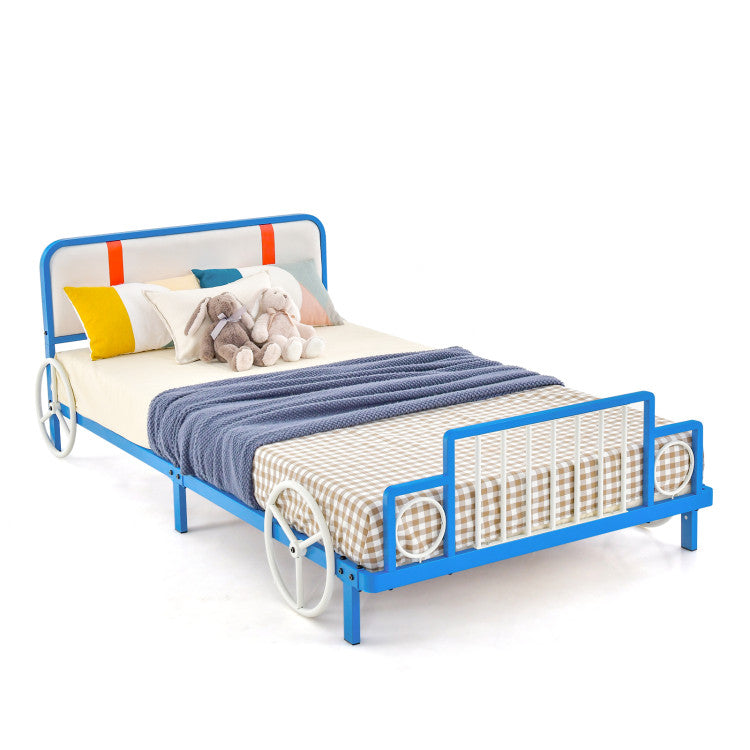 Twin Size Kids Bed Frame Car Shaped Metal Platform Bed with Upholstered Headboard