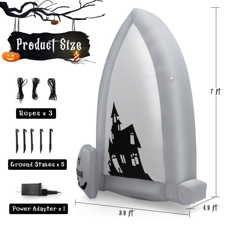 7 Feet Halloween Inflatable Tombstone with Bat LED Projector