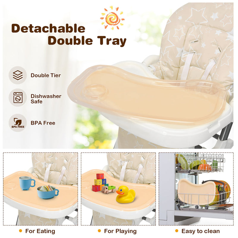 Folding Baby High Chair Dining Chair w/ 6-Level Height Adjustment Beige