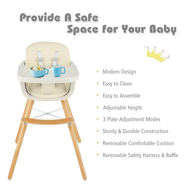 3 in 1 Convertible Wooden Baby High Chair with Cushion