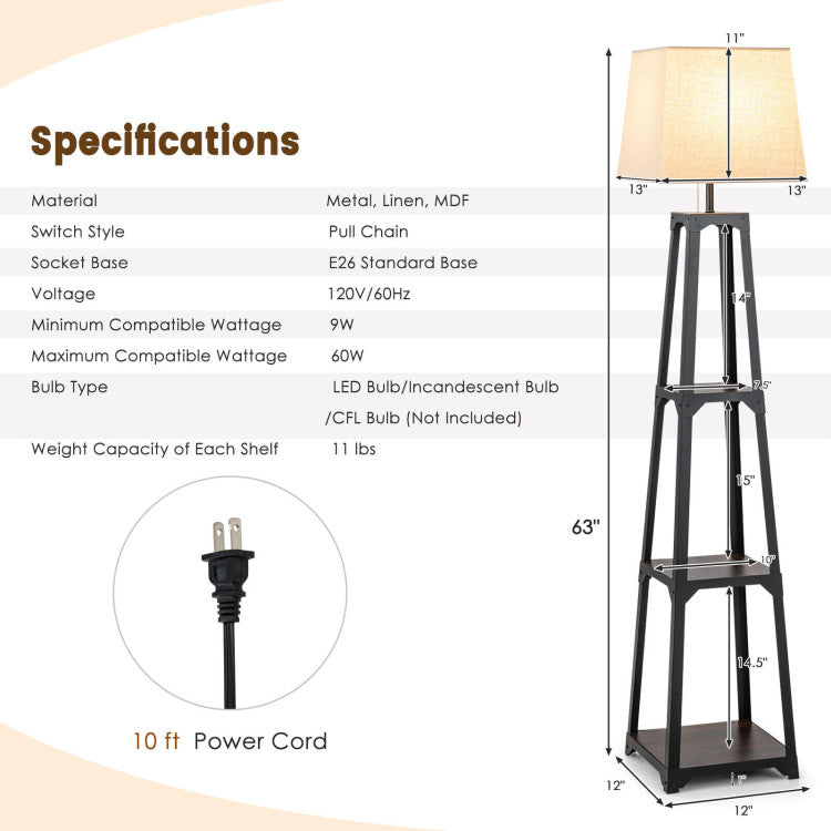 Shelf Floor Lamp with Storage Shelves and Linen Lampshade