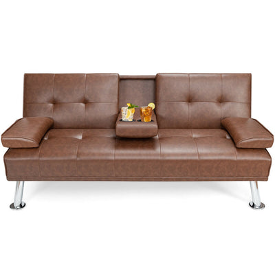 Convertible Folding Leather Futon Sofa with Cup Holders and Armrests--Brown