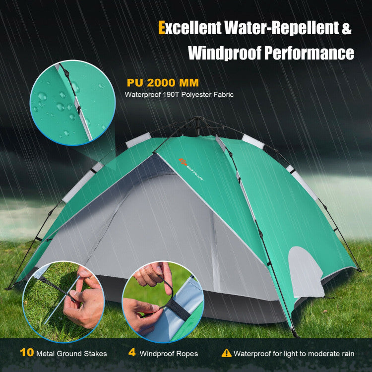 2-in-1 4 Person Instant Pop-up Waterproof Camping Tent--Green