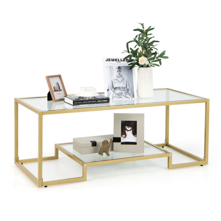 Modern 2-Tier Rectangular Coffee Table with Glass Table Top