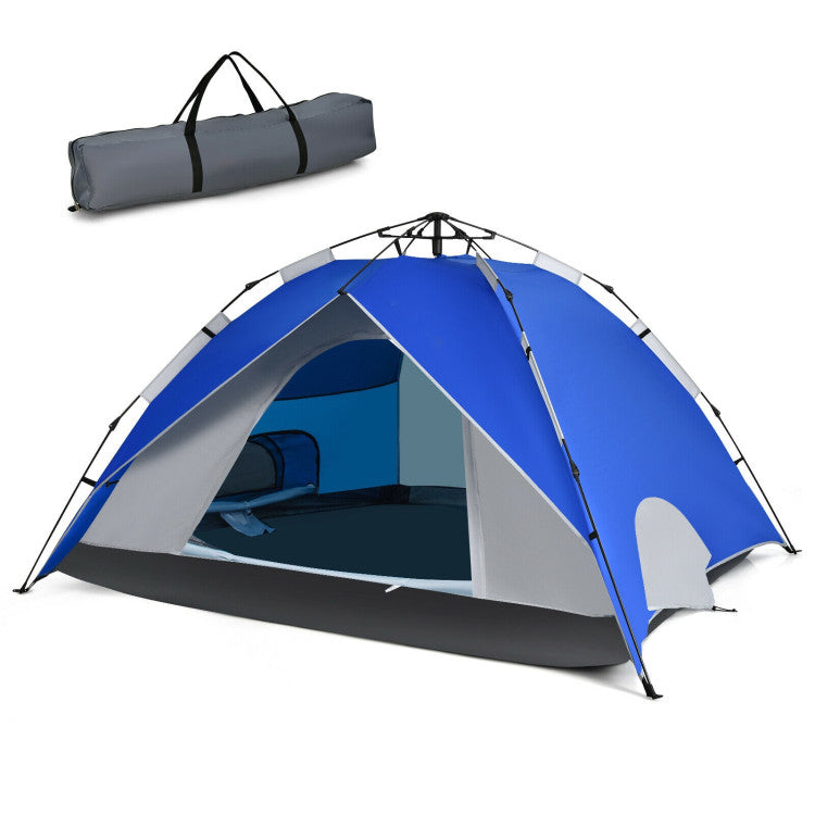 2-in-1 4 Person Instant Pop-up Waterproof Camping Tent--Blue