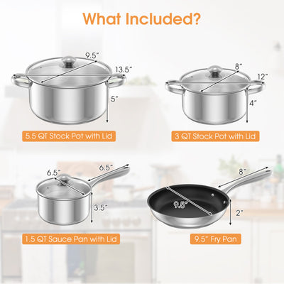 7-Piece Stainless Steel Cookware Set with Tempered Glass Lid