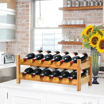 2-Tier Natural 12 Bottles Bamboo Storage Shelf  Wine Rack