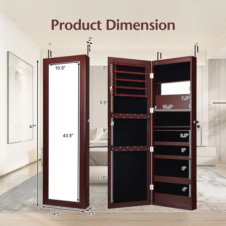 Lockable Wall Door Mounted Mirror Jewelry Cabinet with LED Lights