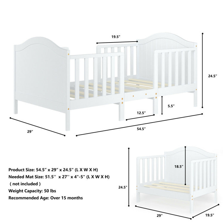 2-in-1 Classic Convertible Wooden Toddler Bed with 2 Side Guardrails for Extra Safety