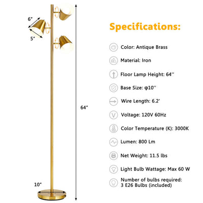 64 Inch 3-Light LED Floor Lamp Reading Light for Living Room Bedroom