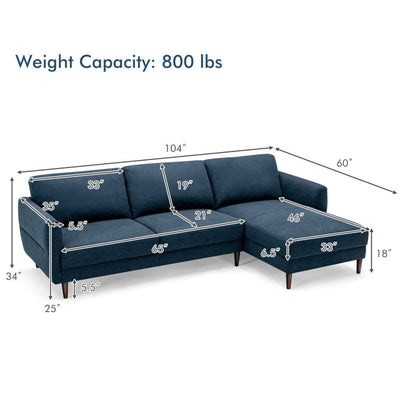 L-Shaped Fabric Sectional Sofa with Chaise Lounge and Solid Wood Legs--Navy Blue