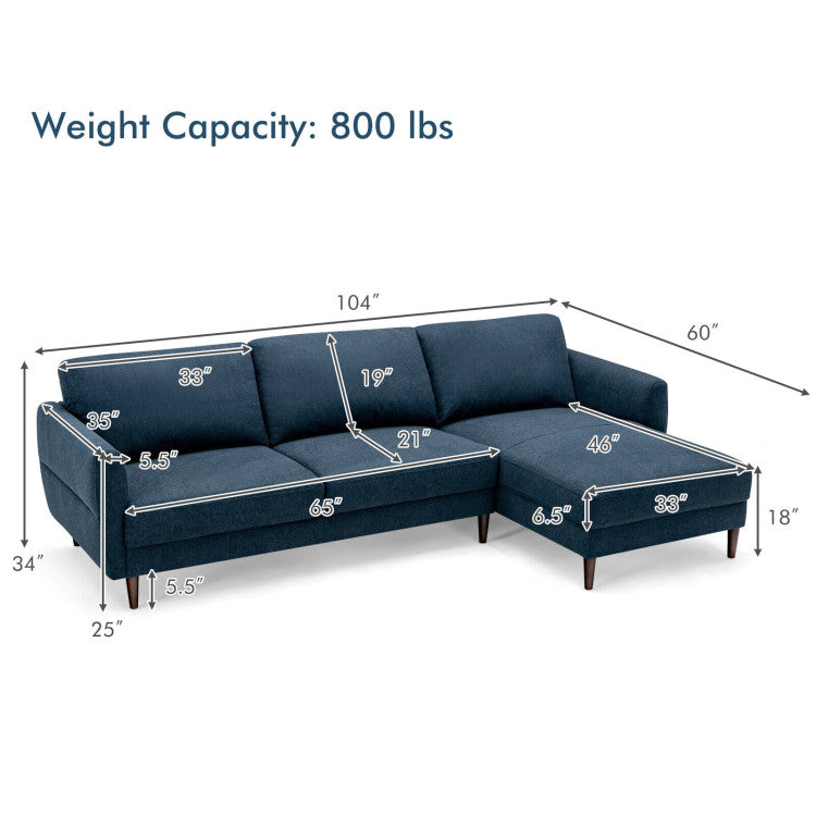 L-Shaped Fabric Sectional Sofa with Chaise Lounge and Solid Wood Legs--Navy Blue