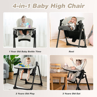 4-in-1 Foldable Baby High Chair Height Adjustable Feeding Chair w/ Wheels Grey