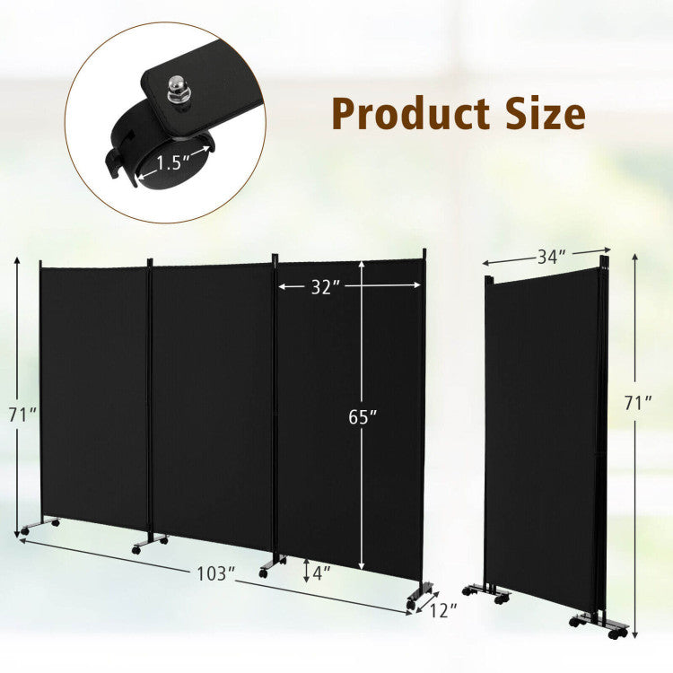 3 Panel Folding Room Divider with Lockable Wheels