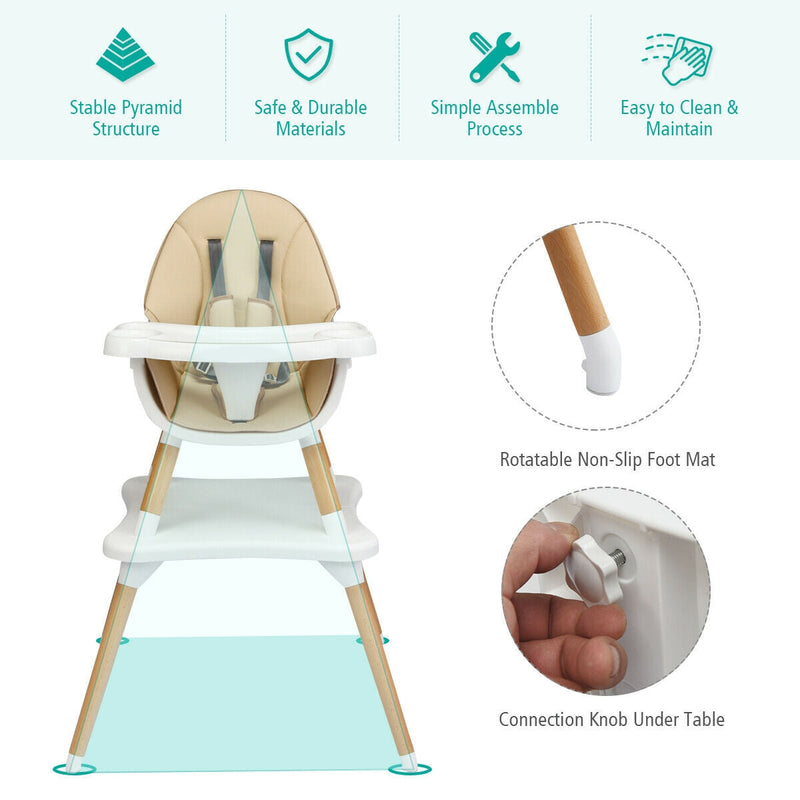 4 in 1 Convertible Baby High Chair with Detachable Tray and Removable Cushion