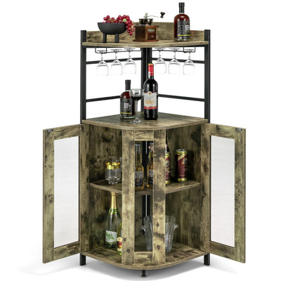 Industrial Corner Bar Cabinet with Glass Holder and Adjustable Shelf