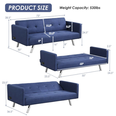 3 Seat Convertible Linen Fabric Futon Sofa with USB and Power Strip