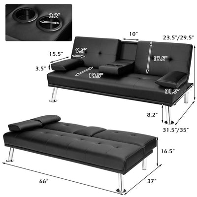 Convertible Folding Leather Futon Sofa with Cup Holders and Armrests--Black