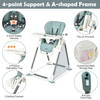 Foldable Baby High Chair with Double Removable Trays and Book Holder