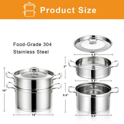 2Tier Stainless Steel Steamer with Handles and Glass Lid