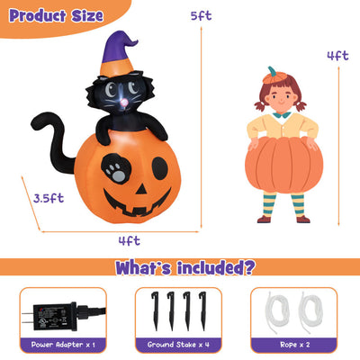 5 Feet Inflatable Halloween Pumpkin with Witch's Black Cat